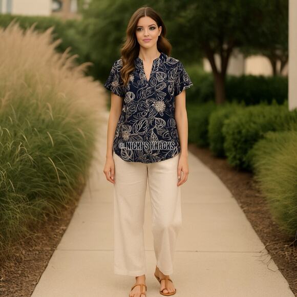 Melloday Navy Floral Leaf Print Jersey Split Neck Short Sleeve Blouse Size S - Picture 10 of 11